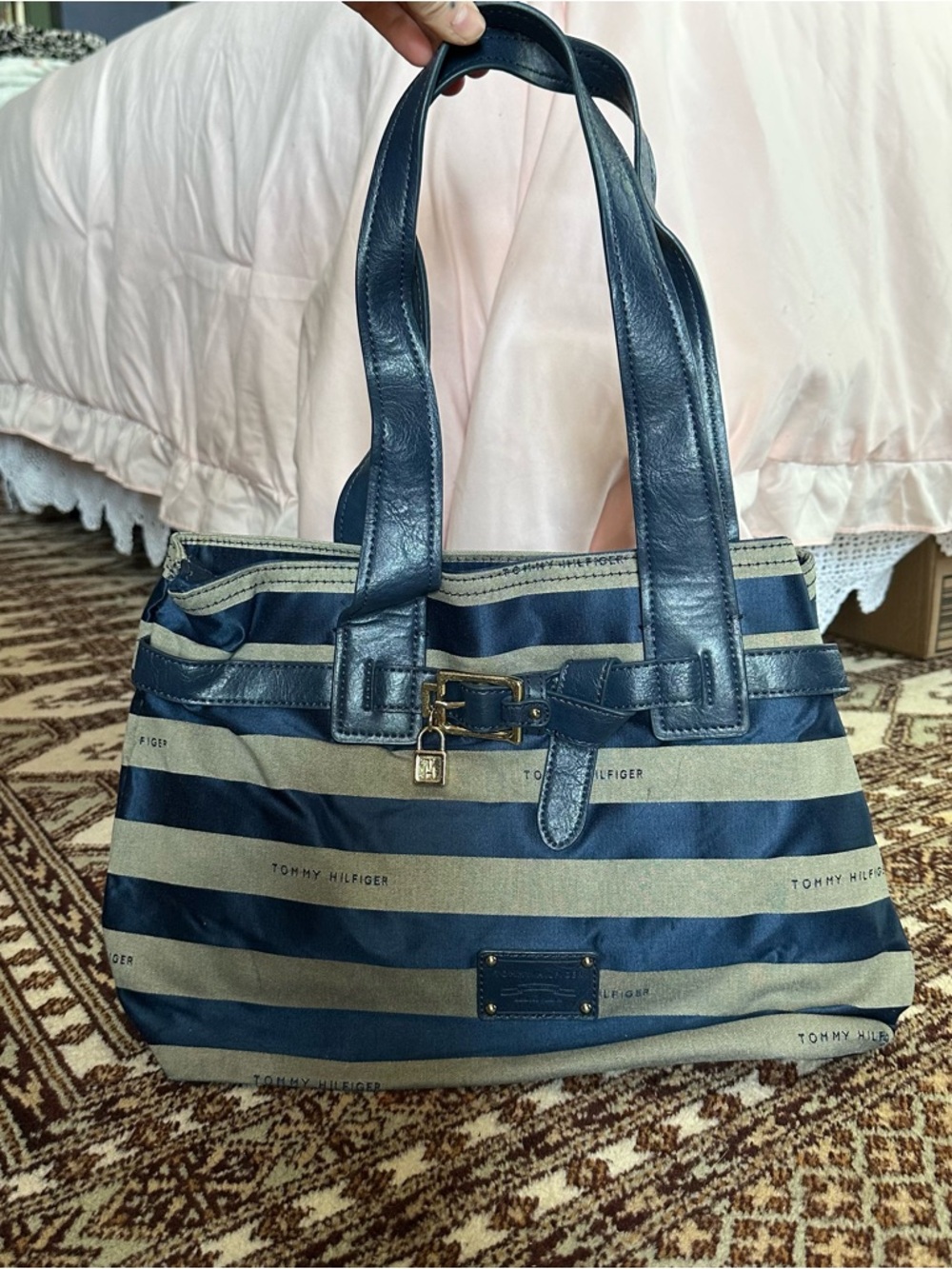 Tommy Hilfiger Navy and Tan Striped Canvas Tote with Buckle Accent
